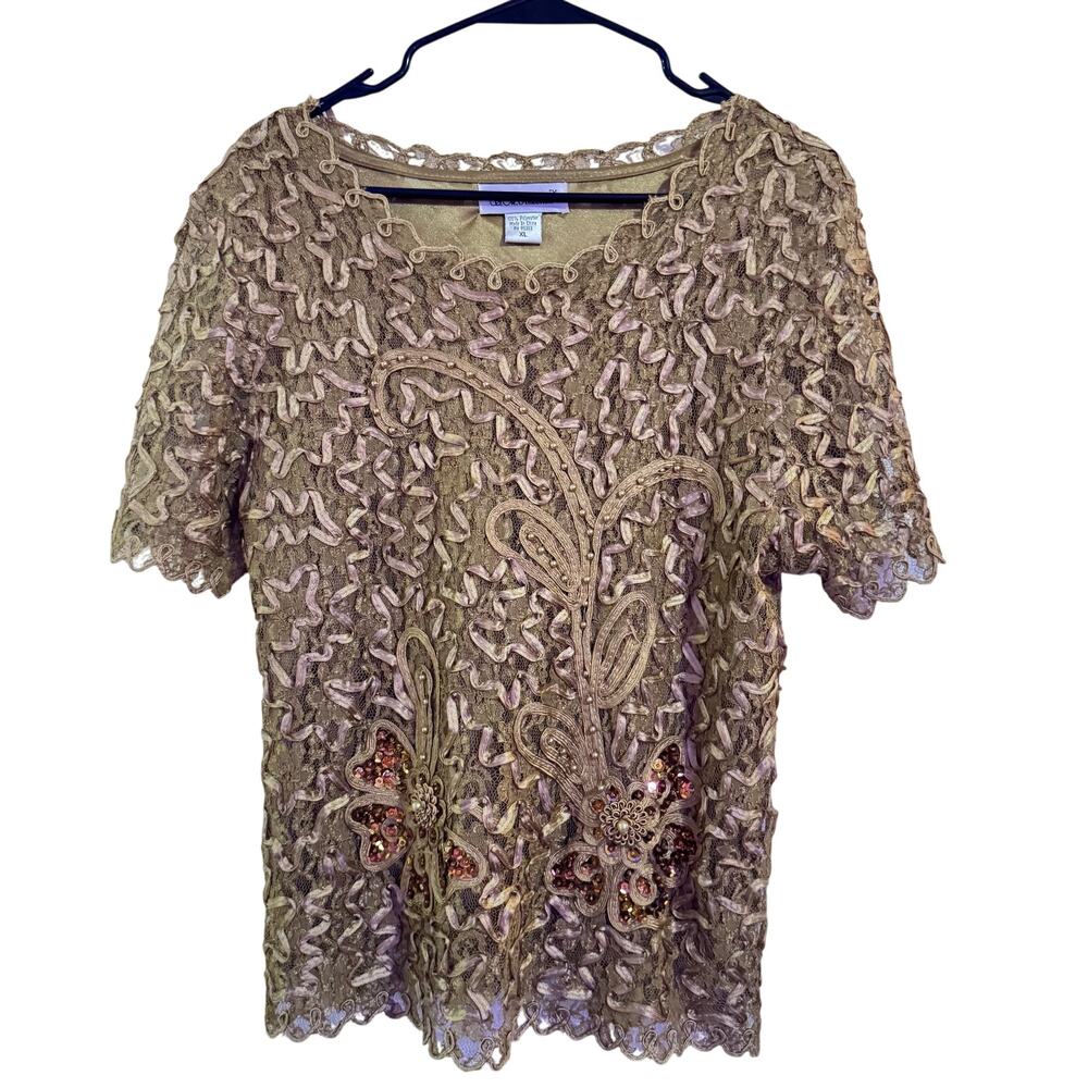 S.M. COLLECTION Gold Lace blouse Sz XL With sequined Butterflies 25” in length